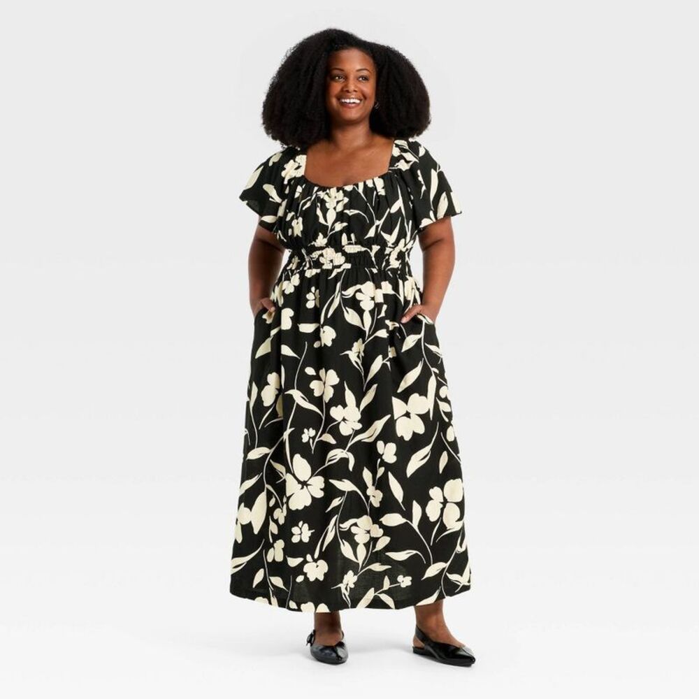 Ava & Viv Black and Cream Floral Midi Dress